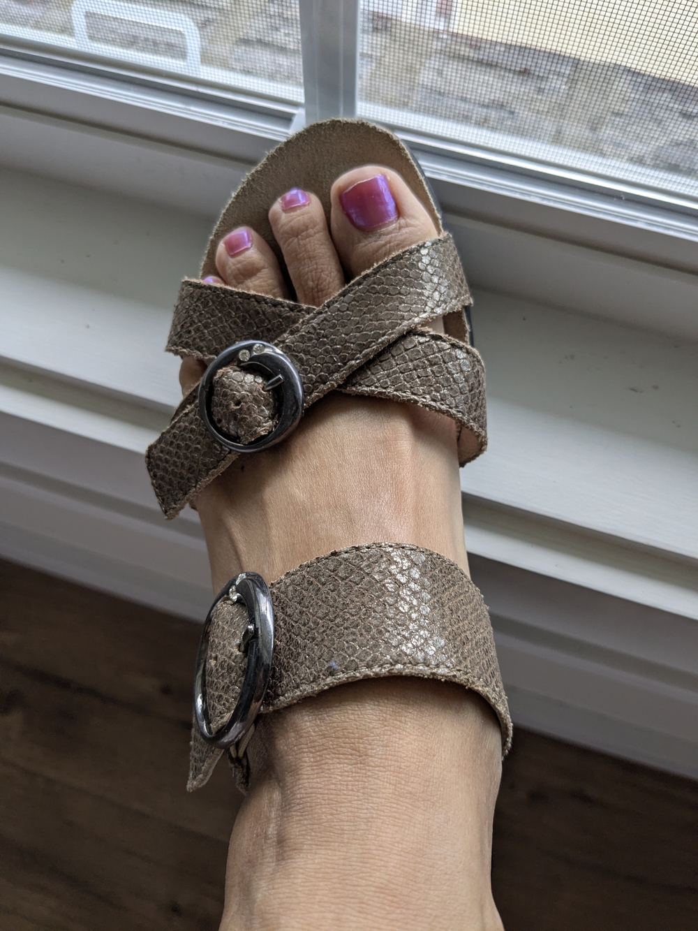 Mephisto Metallic Taupe Snake-Texture Crisscross Sandal